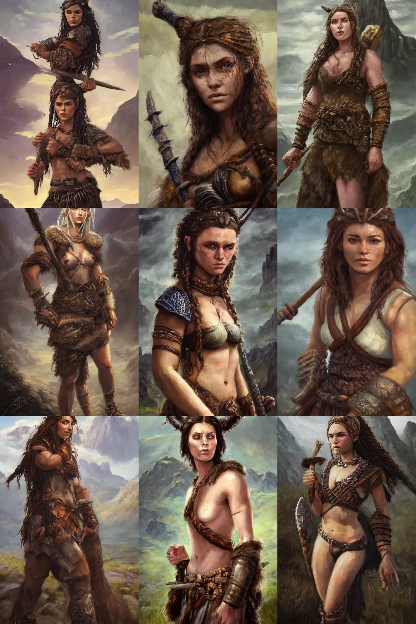 Image similar to a full body high detail fantasy portrait oil painting illustration of a beautiful young rugged stoic barbarian woman by justin sweet with face and body clearly visible, in a scenic background, pupils visible, realistic proportions, d & d, rpg, forgotten realms, artstation trending, high quality, sombre mood, artstation trending, muted colours, entire person visible!