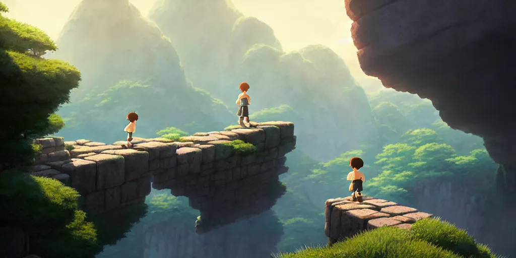 Image similar to a small boy walking over big stone blocks, just over the precipice, studio ghibli, pixar and disney animation, sharp, rendered in unreal engine 5, anime key art by greg rutkowski, bloom, dramatic lighting