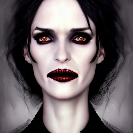 Image similar to gorgeous female Winona Ryder vampire sharp teeth in a confident dress, realistic character concept, medium shot, elegant pose, horror, illustration, slender symmetrical face and body, symmetrical eyes, artstation, cinematic lighting, hyperdetailed, Tom Bagshaw, Rafael Albuquerque, Norman Rockwell, single face, insanely detailed and intricate, beautiful, elegant, dark blue background