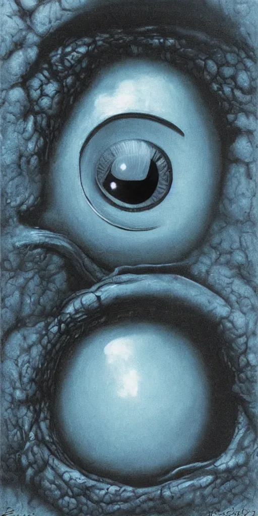 Image similar to zdzisław beksinski eyeball monster blue white black 4 k