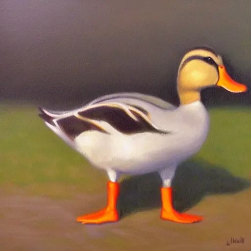 Prompt: a duck on the prowl oil painting julie curtiss