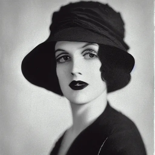 Image similar to a black and white photo of a woman wearing a hat, a character portrait by george hurrell, featured on flickr, mannerism, studio portrait, chiaroscuro, 1 9 2 0 s