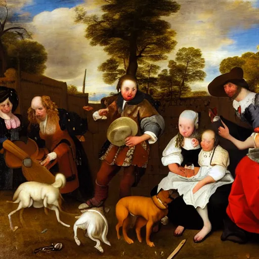 Image similar to a painting of a group of people and a dog, a flemish baroque by jan steen, trending on flickr, pre - raphaelitism, dutch golden age, flemish baroque, rococo