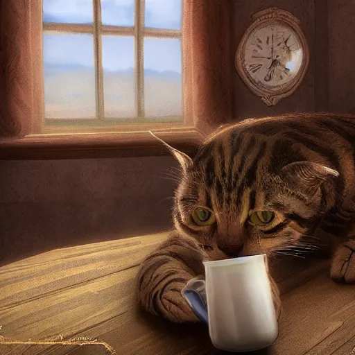 Image similar to realistic lovely tabby cat drinks milk!!!, in game pathologic 2, digital art, unreal engine, cinematic composition, sharp, details, hyper - detailed, hd
