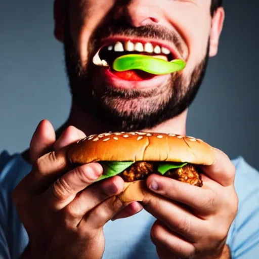 Prompt: man taking a big bite out of a juicy hamburger