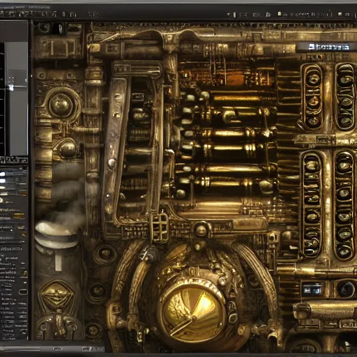 Image similar to Steam computer in ancient time used by ape, highly detailed, highly realistic, artstation, by Hans Giger