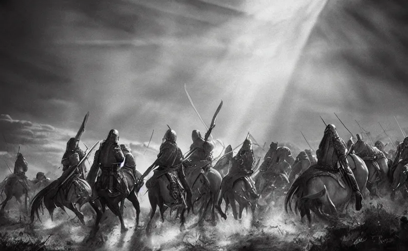 Image similar to dramatic cinematic artwork of a medieval commander leading a cavalry charge with his sword raised by greg rutowski, sun rays