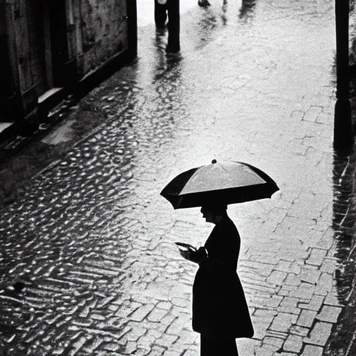 Image similar to fine art photograph of a woman waiting for the rain to stop, rainy flagstone cobblestone street, sharp focus photo by henri cartier - bresson