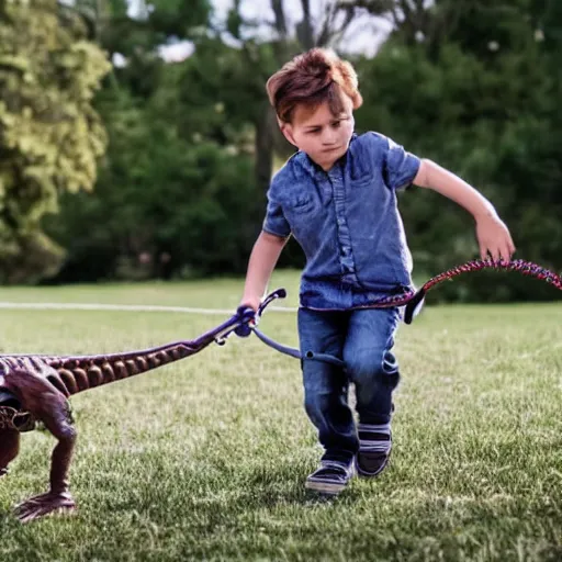 Image similar to a kid at the park walking a velociraptor with a leash