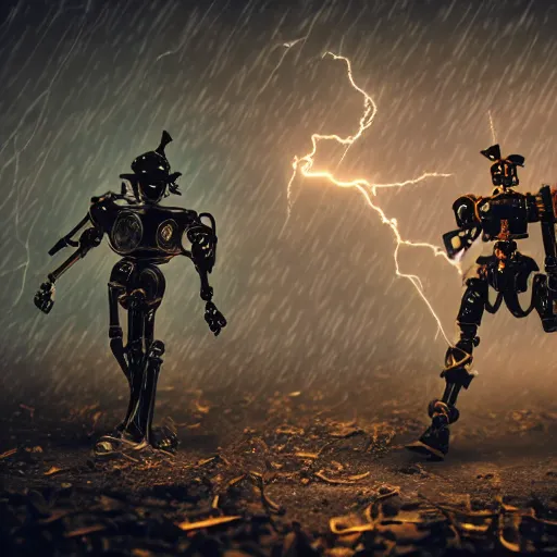 Image similar to steampunk robot warriors battling each other in heavy rain, ground fog, @, moody lighting, 8 k, lightning, shallow depth of field, cinematic lighting,