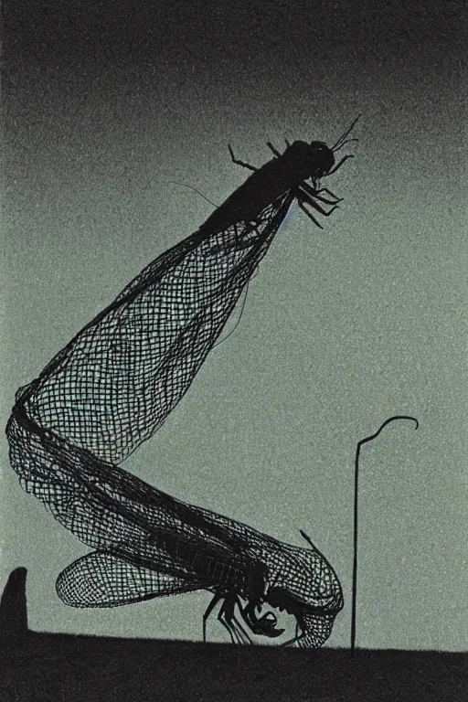 Prompt: mosquito plotting a plan on a bug net at night, with a dramtic lighting, painted by Dean Ellis