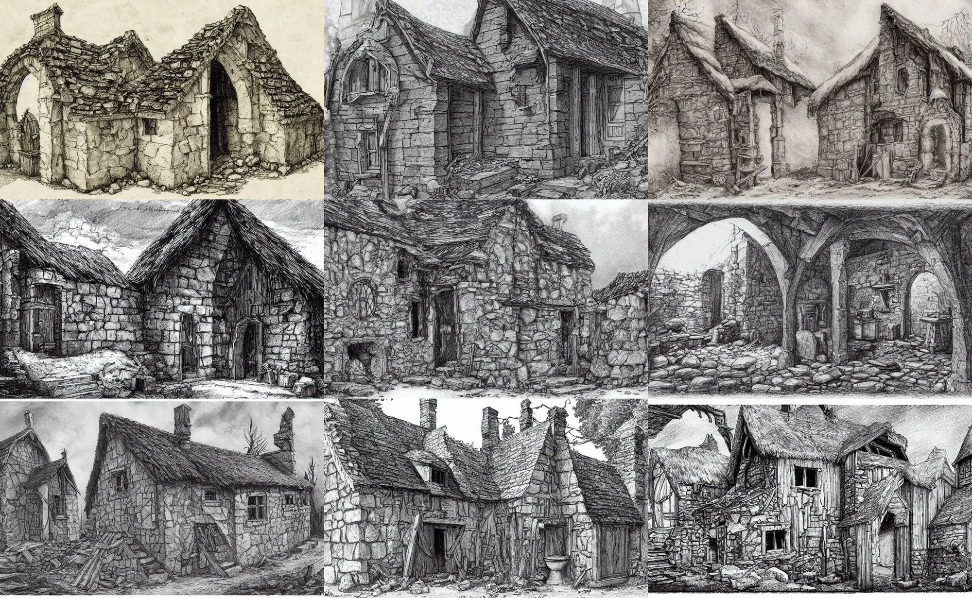 Prompt: Well-detailed middle ages abandoned cottage, skillful pencil rendering magnus opus