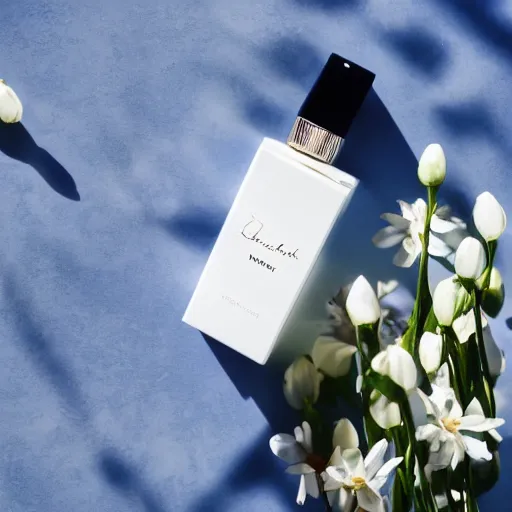 Image similar to centered bright perfume bottle sitting on a white clean surface surrounded by a plethora of white flowers upfront, with dreamy bright blue sky and clouds in the background, softly - lit, soft - warm, zen, light, modern minimalist f 2 0 clean