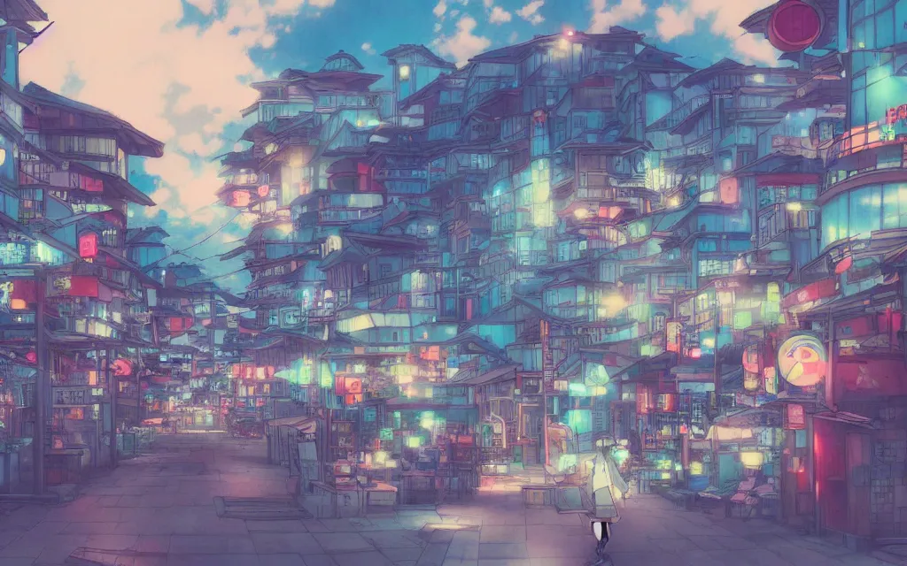 Image similar to a japanese city near the sea, lofi, dreamy, moody, very colorful, anime inspiration, makoto shinkai, ghibli vibe