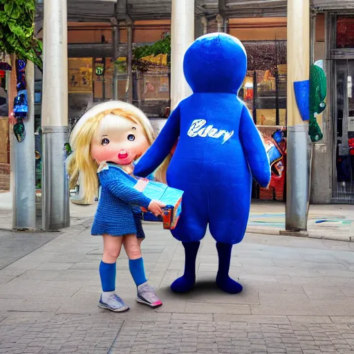 Image similar to blue'snappy gifts'human - sized plush doll, on sidewalk, giving gifts to people, happy atmosphere, high detail, soft lighting, 8 k