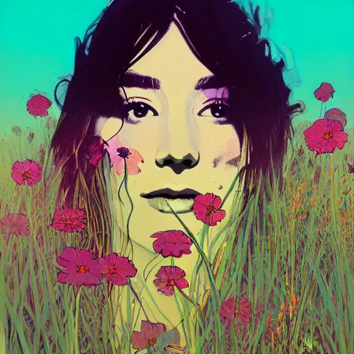 Image similar to a beautiful painting of a girl in a field of flowers by andy warhol and conrad roset! and alphonse mucha and nekro!. in style of oil on canvas. colorful comic, film noirs, symmetry, sharp lines, hyper detailed. octane render. trending on artstation