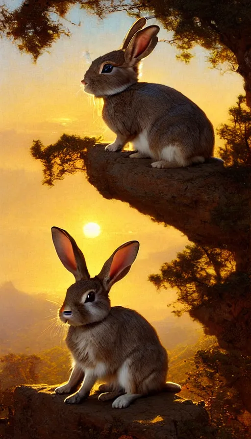 Image similar to hyper realistic rabbit looking off of a cliff, sun setting behind rabbit, lush forest in valley below, painted by gaston bussiere, craig mullins, j. c. leyendecker 8 k