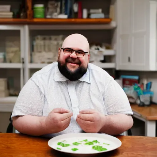 Image similar to “ 8 k photo of fat, bald man that really loves ranch dressing. office setting. ”