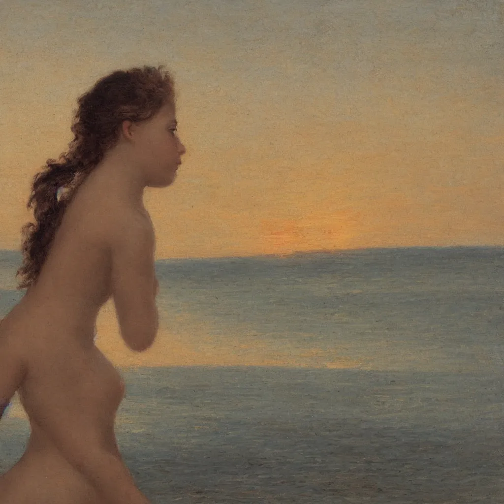 Prompt: close up of a girl on the beach,sunset, atVille Franche sur Mer by Claude Lorraine
