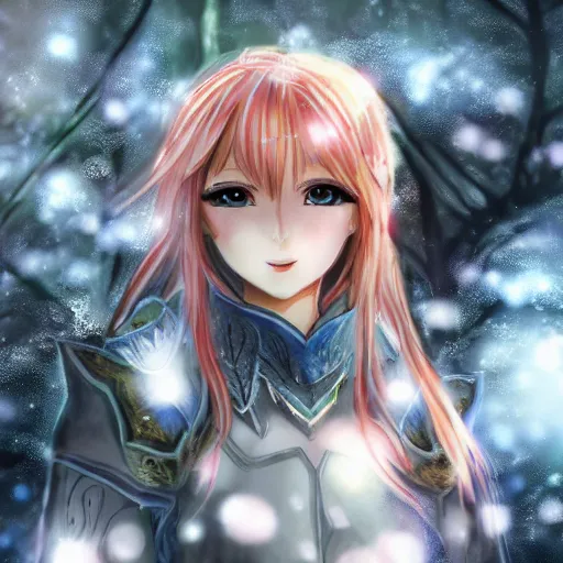 Prompt: portrait focus of knight beautiful 3D anime girl, candy armor wearing, dark forest background, snowing, bokeh, inspired by Masami Kurumada, digital painting, high contrast, unreal engine render, volumetric lighting, high détail