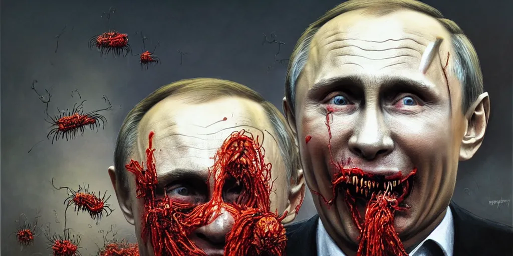 Image similar to highly detailed surreal portrait of vladimir putin's face is eaten by worms, in the background an army of zombies with their mouths sewn shut with wire in the shape of the letter z, style of greg rutkowski and ralph horsley, photorealistic, hyperdetailed, matt painting, digital art, non blurry, sharp, artstation, concept art, smooth, illustration