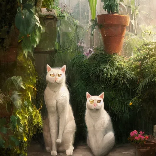 Image similar to two cats at a greenhouse in Ancient Greek | painting by Greg Rutkowski | trending on artstation | 8k | HD