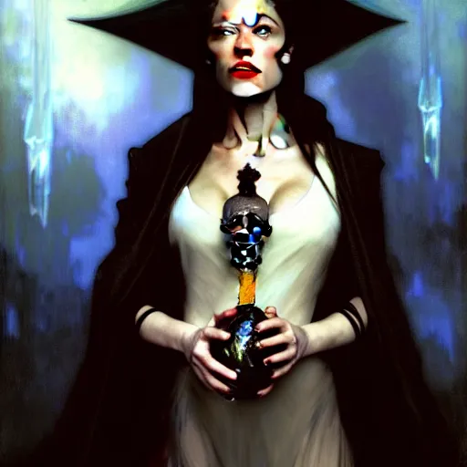 Prompt: hyperrealist portrait of amber heard as a vampire witch holding a cristal human skull and wearing a wizard hat. by jeremy mann and alphonse mucha, fantasy art, photo realistic, dynamic lighting, artstation, poster, volumetric lighting, very detailed faces, 4 k, award winning