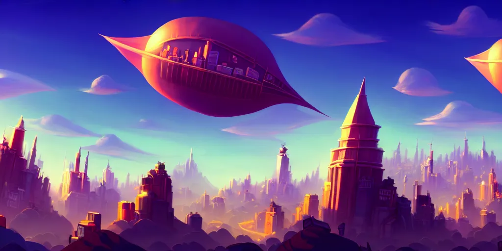 Image similar to the city in the of piltover, in the style from netflix's arcane, blimps in the sky, blue skies, soft clouds, trending on artstation