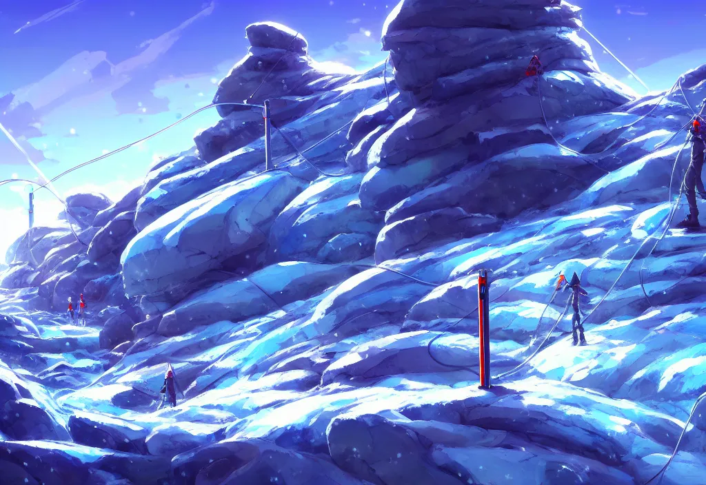 Image similar to futuristic electric pole and chunky wires on a glacier, ice, rocks, snowfall, intricate oil painting, high detail illustration, sharp high detail, manga and anime 1 9 9 9, official fanart behance hd artstation by jesper ejsing and makoto shinkai, 4 k,