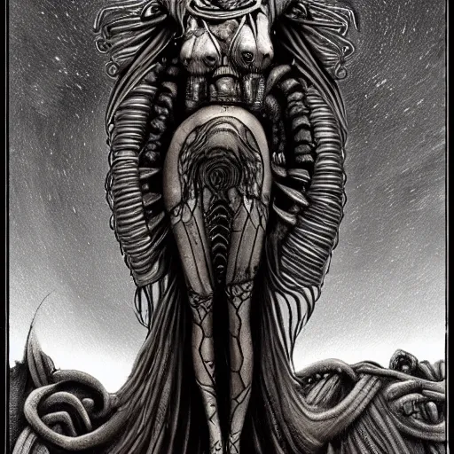 Prompt: illustration of a freaky goddess with a dark moon in the far distance by HR giger, ultradetailed, beautiful, happy, outstanding, trending on artstation, 8k