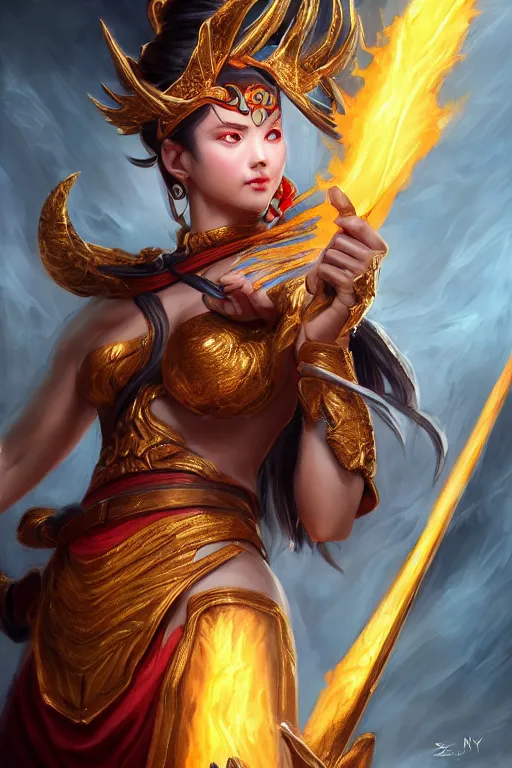 Image similar to a masterpiece portrait of nezha, legendary god holding spear, man, flame everywhere, epic pose, fantasy character portrait, closeup shot, hyper detailed, digital painting, 8 k realistic, trending on artstation, sharp focus, dof, by fenghua zhong, artgerm, ne zha from smite, jeff easley, raymond swanland