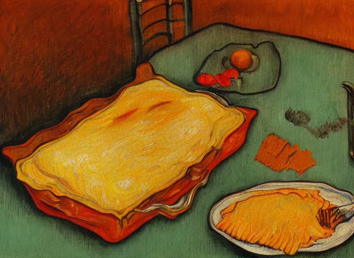 Image similar to detailed realistic realism painting of orange tabby cat eating lasagna at dusk, in the style of vincent van gogh and salvador dali and leonardo da vinci