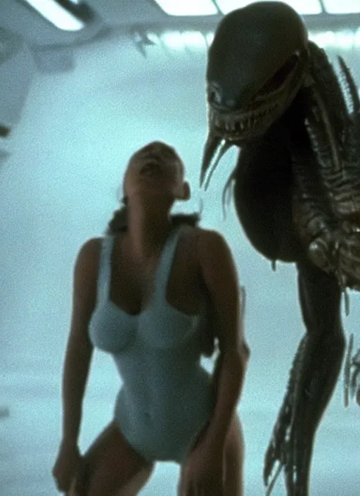 Prompt: cinematic film still of kim kardashian being held by the throat by a predator in Alien.