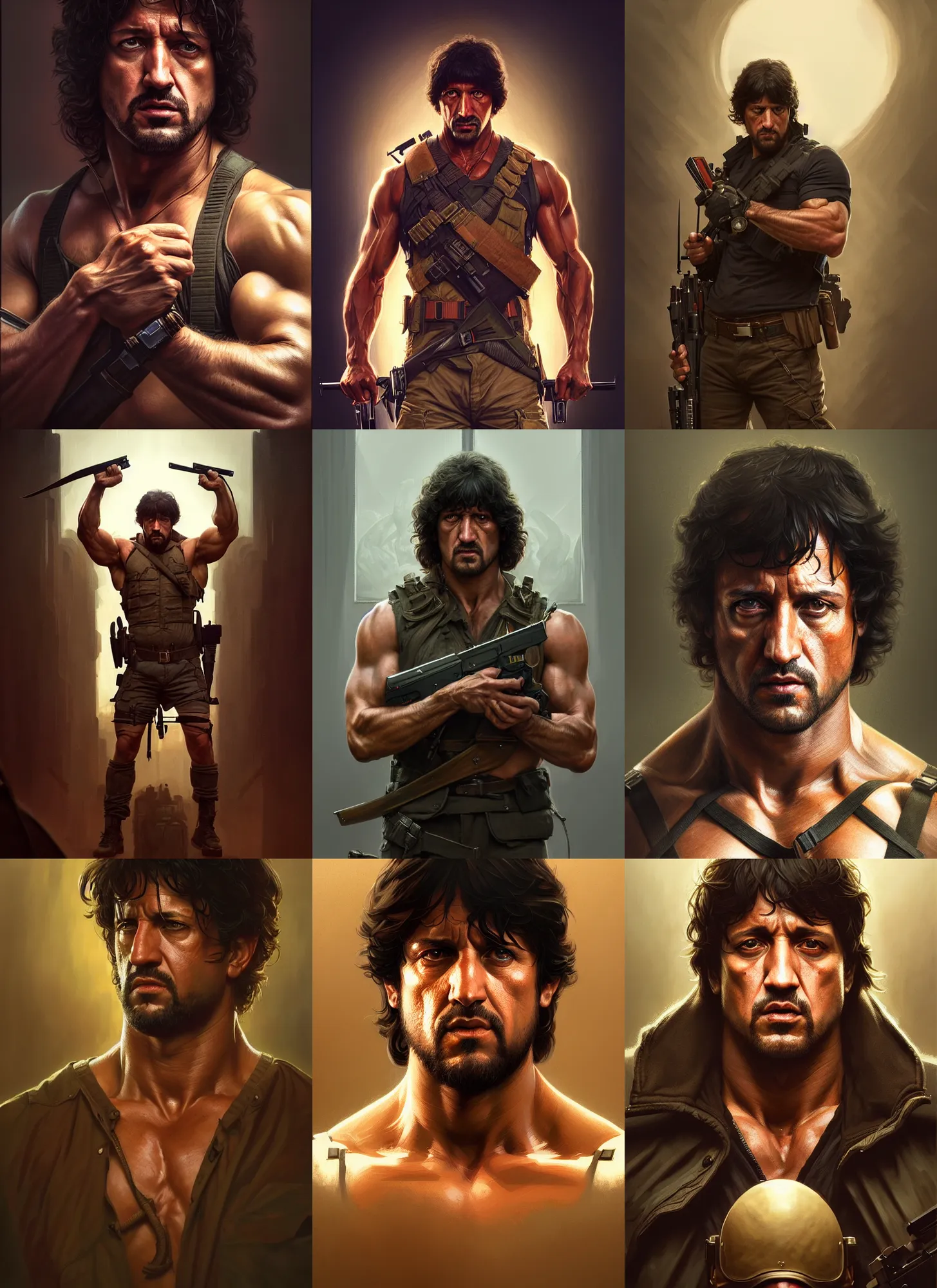 Prompt: symmetry!! portrait of john rambo, action, intricate, highly detailed, dynamic lighting, digital art, digital painting, artstation, wlop, sharp focus, illustration, art by artgerm and greg rutkowski and alphonse mucha, 8 k