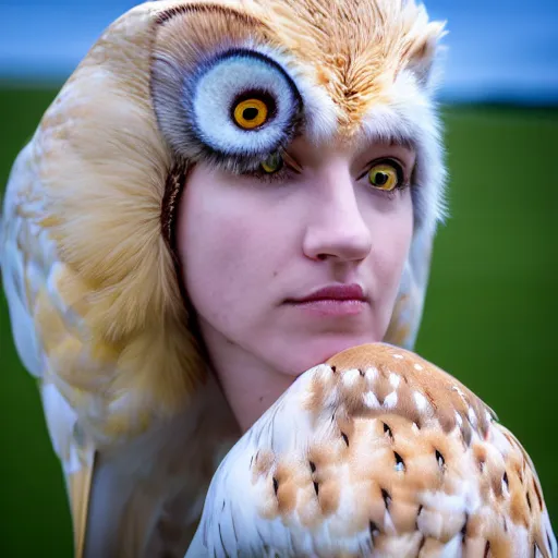 Image similar to symmetry!! portrait photograph shot on petzval lens of an extremely pretty!!! young blonde female with symmetric face. with a very detailed barn owl!!!!! on her shoulder. in iceland. out of focus. shallow depth of field. featured on flickr, art photography,