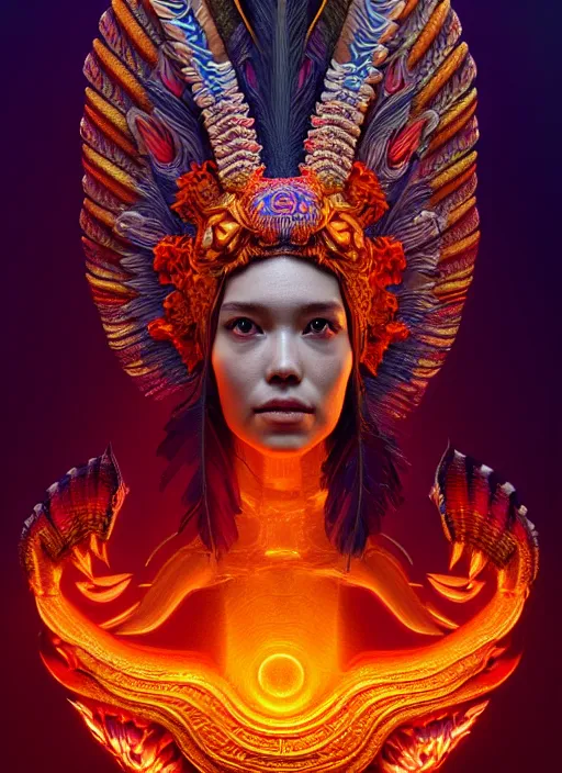 Image similar to a wlop 3 d portrait of a goddess, 8 k micro details beautiful intricate highly detailed quetzalcoatl skull and feathers. fire, galaxy, artwork by tooth wu and wlop and beeple and greg rutkowski, trending on artstation,