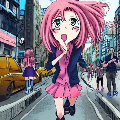 Prompt: anime girl running terrified through the streets of manhattan away from a four eyed spider monster