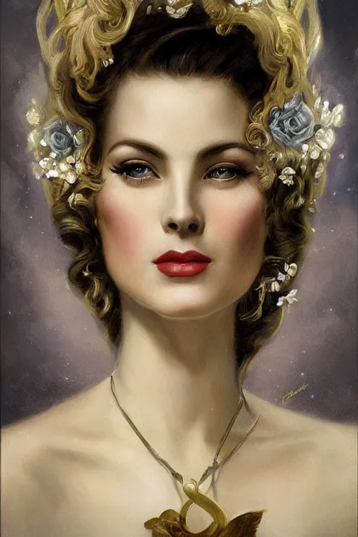 Image similar to a young and extremely beautiful grace kelly infected by night by tom bagshaw in the style of a modern gaston bussiere, art nouveau, art deco, surrealism. extremely lush detail. melancholic night scene. perfect composition and lighting. profoundly surreal. high - contrast lush surrealistic photorealism. sultry and mischievous expression on her face.