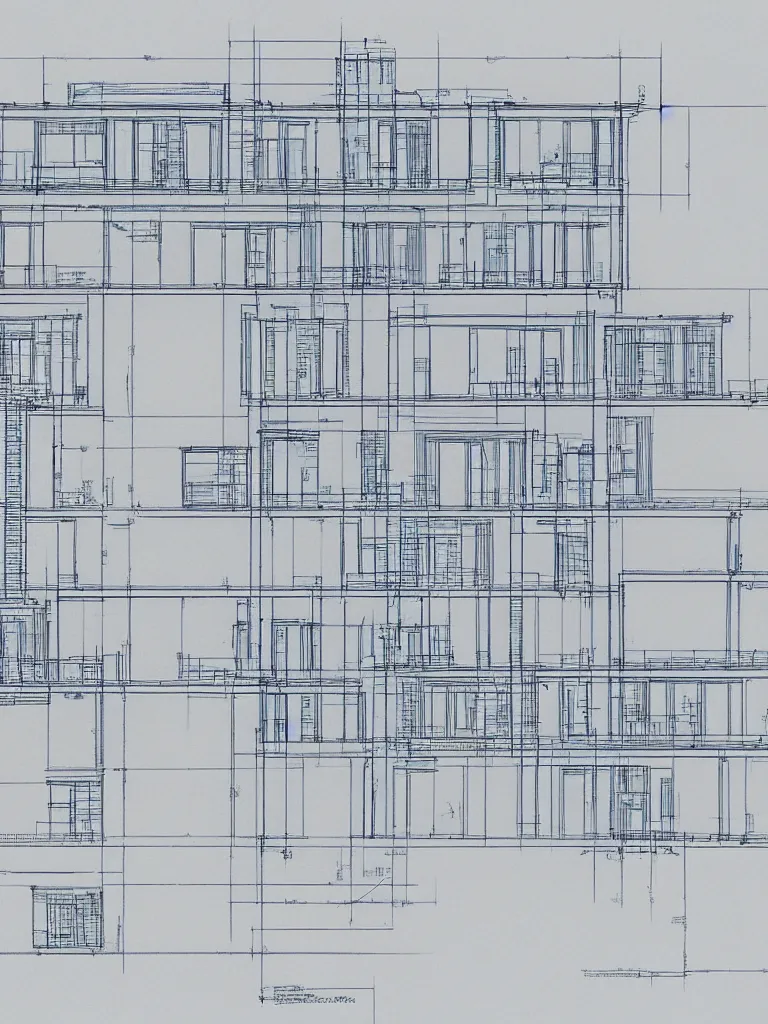 Image similar to Architecture blueprint copy, an impossible building. Vertical cut. Technical drawing