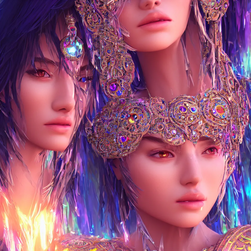 Image similar to close up face portrait highly detailed beautiful symmetrical face high priestess intricate elegant detailed crystal jewellery with tribal feathers, lush colourful volumetric lighting, anime digital painting, concept art, smooth, sharp focus 3 d, divine realm of gods, realistic cinematic style, octane render, photographic, unreal engine 8 k