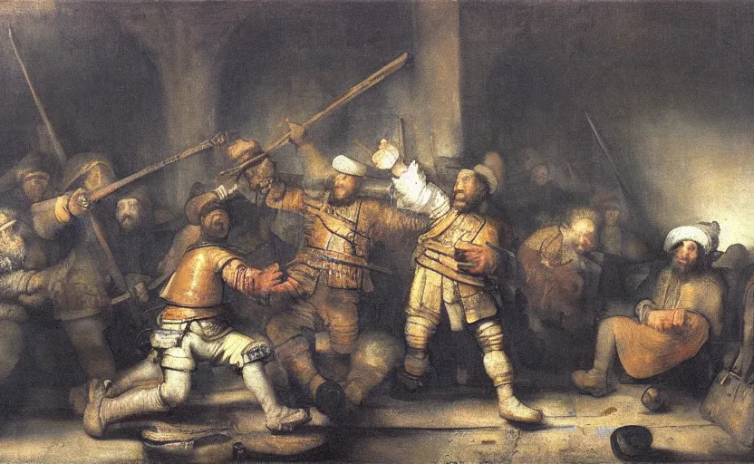 Prompt: death of the money lenders, oil painting by rembrandt, futuristic