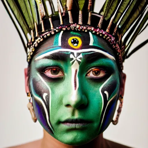 Image similar to minimalist photography portrait of an elaborately adorned female shaman warrior, face paint, symmetrical, super close up, mid thirties, cute round green slanted eyes, porcelain skin, wide nostrils, chubby cheeks, high flat eyebrows, ethereal essence, angelic, leica 1 0 0 mm f 0. 8