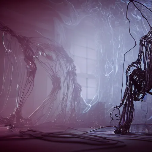 Image similar to a biomechanical ghost covered in fluid silk, veins nerves, tendons wires machines, highly detailed, backlit, dark atmosphere, octane render, unreal engine, photorealist, procedural light, grimy lab