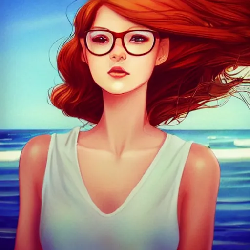 Prompt: very very very beautiful red haired woman wearing glasses and light blue sundress, beach background, eye contact, flirty, golden hour, drawn by artgerm