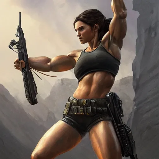 Prompt: lara croft as a female bodybuilder police officer, fantasy, intricate, elegant, highly detailed, digital painting, artstation, concept art, matte, sharp focus, illustration, art by aenaluck and roberto ferri and greg rutkowski, epic fantasy, digital painting