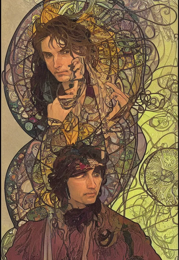 Image similar to Jurgen Schmidhuber on a tarot card, tarot in art style by Alphonse Mucha