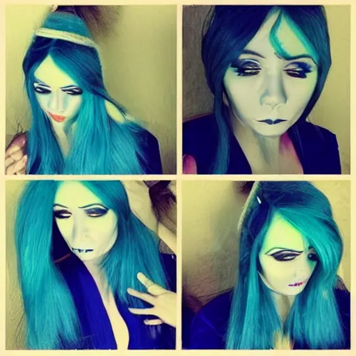 Prompt: Elf with blue skin, blue elf, blue, blue-skinned elf, green hair, glam hair, 80s hair, glam make up