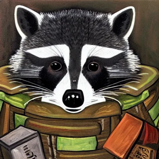 Prompt: The king of all raccoons, guarding his giant throne made of garbage, classic painting, award winning, highly detailed