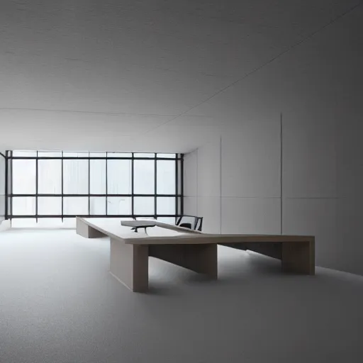 Image similar to center symmetry, parallax mapping of brutalist office, minimalist architecture, minimalist furniture, octane render, high quality