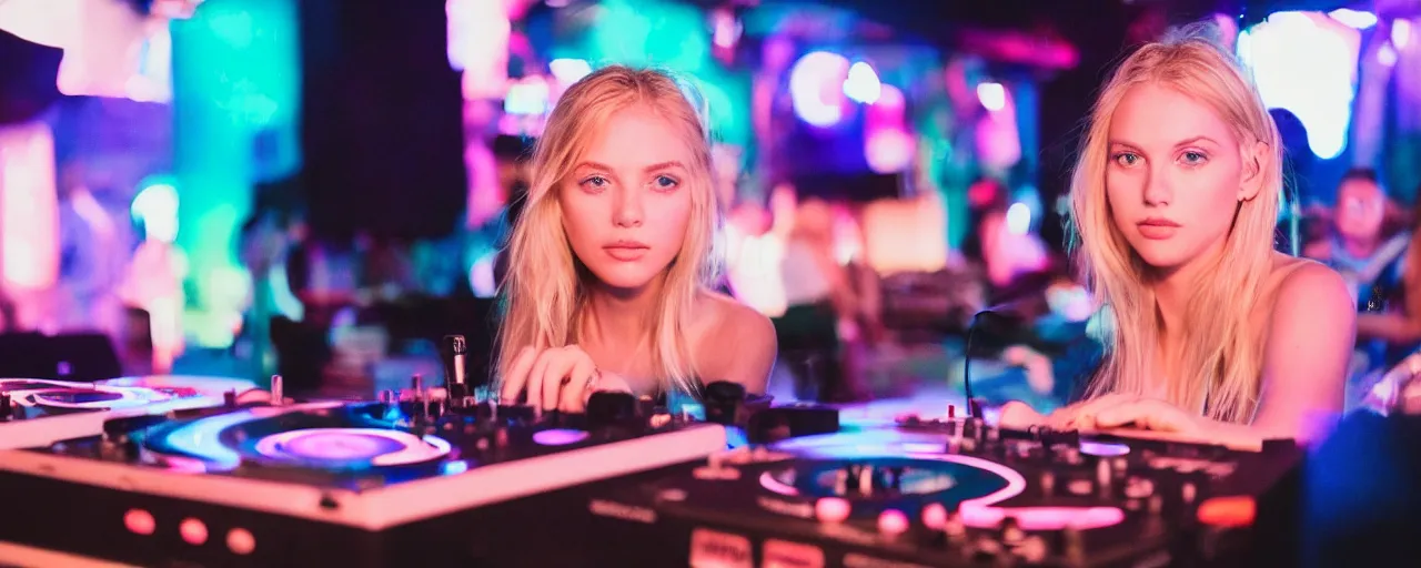 Image similar to A young, blonde-haired woman with soft facial features and blue eyes, 35mm photograph, neon lights in the background, DJing at coachella